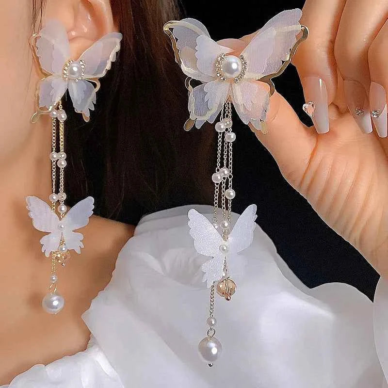 Luxury Flower Butterfly Long Tassel Drop Earrings for Women Exquisite Crystal Zircon Earrings Daily Accessories Party Jewelry