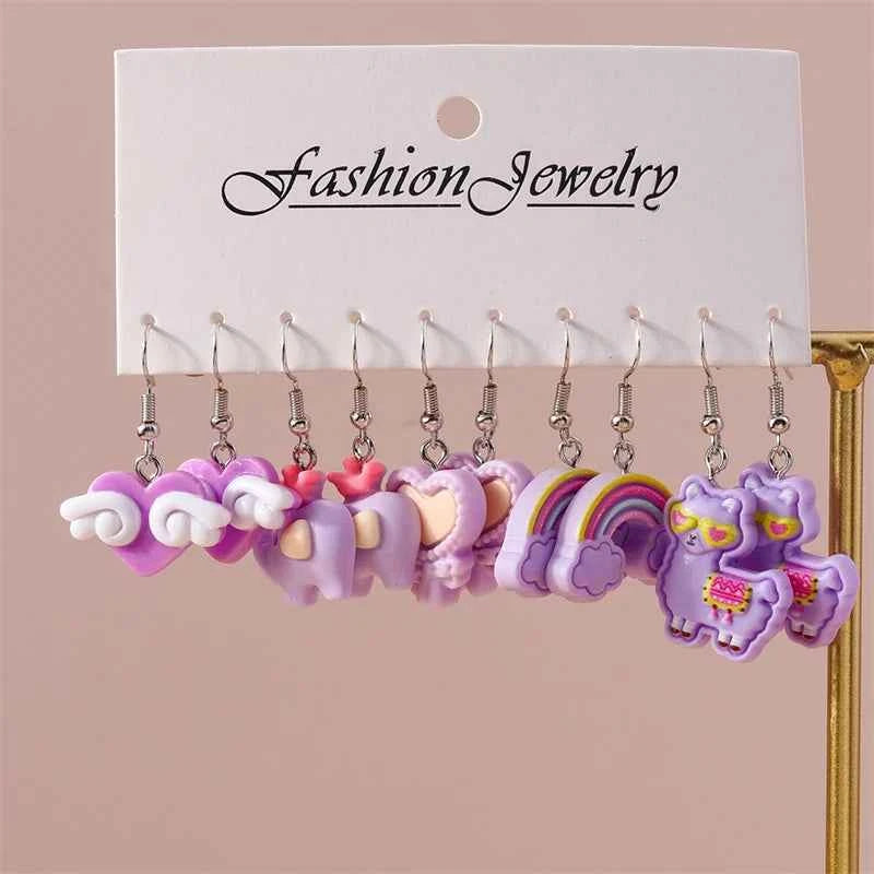5Pairs/Set Fashion Flower Drop Earrings for Women Resin Heart Animal Dangle Hooks Earrings Girls Party Holiday Jewelry Gifts