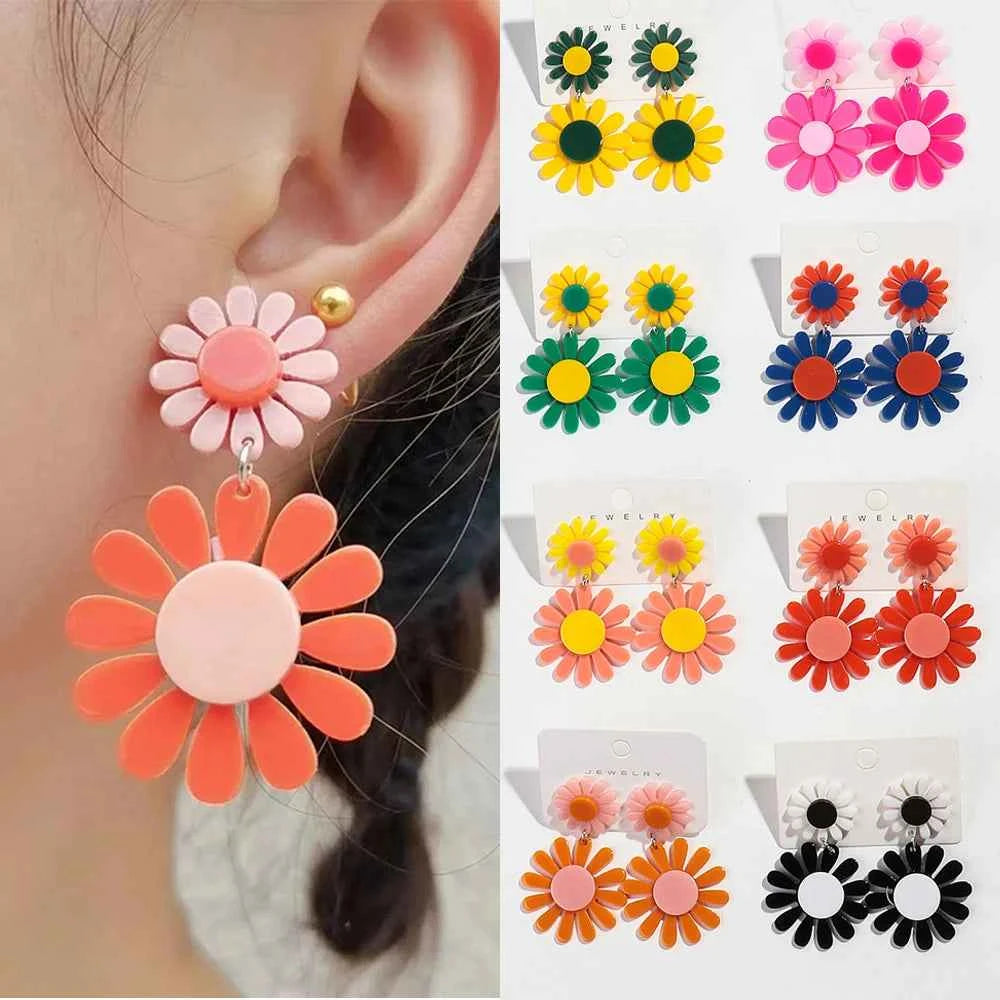 Boho Colorful Acrylic Sunflower Women's Earrings 2024 Trendy Geometric Daisy Flower Long Drop Earring Cute Simple Jewelry Gifts