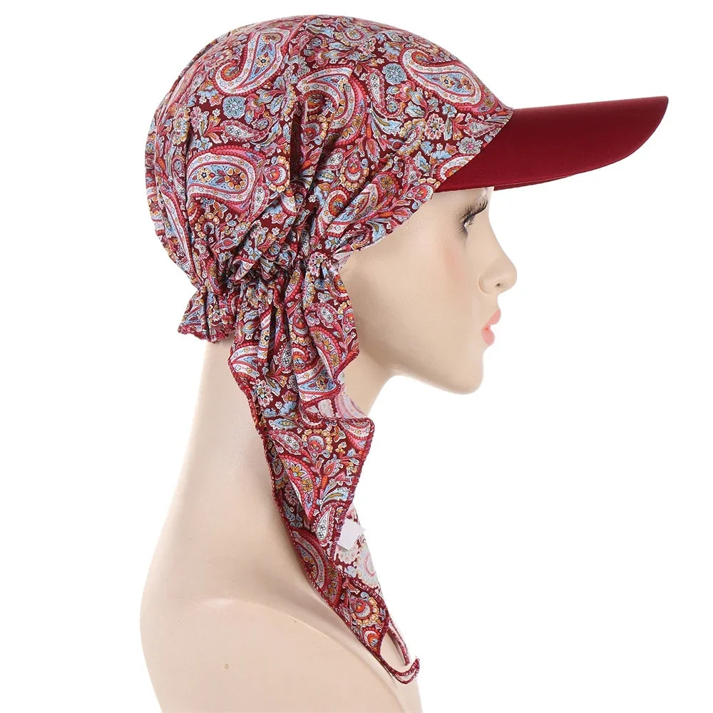 Fashion Muslim Floral Print Hijab Turban Hat for Women Visor Baseball Cap Sun Hats Headscarf Scarf Brim Femme Scarves Bandanas - NamafadStore