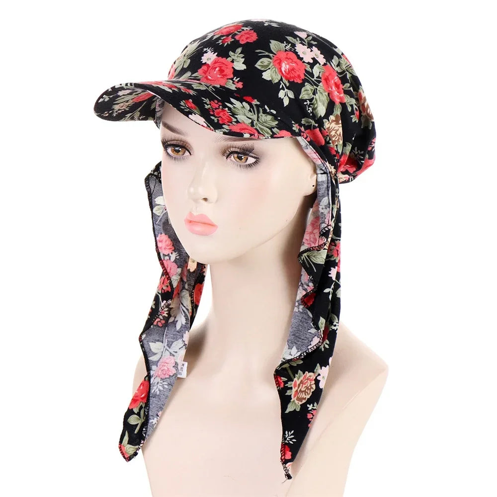 Fashion Muslim Floral Print Hijab Turban Hat for Women Visor Baseball Cap Sun Hats Headscarf Scarf Brim Femme Scarves Bandanas