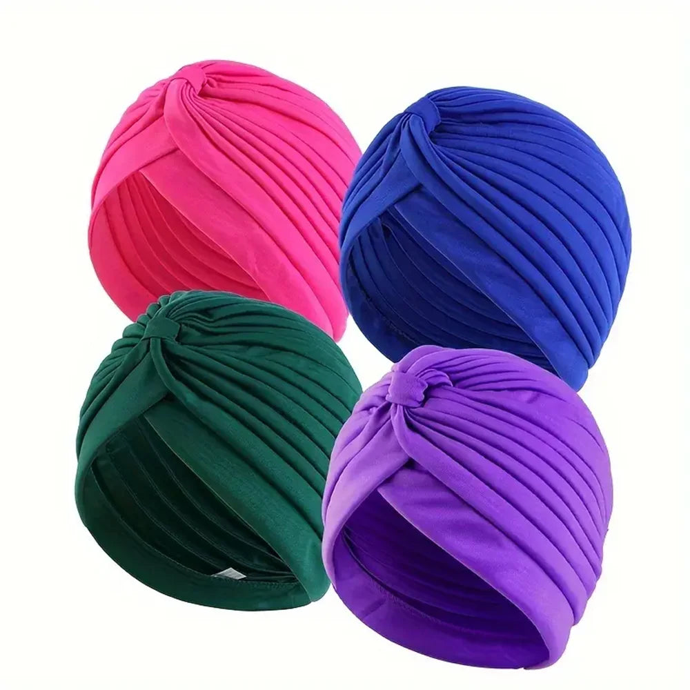 4pcs/set Solid Color Turban Cap Elastic Bonnet Head Scarf Women Chemo Hats Casual Pleated Head Wrap - NamafadStore