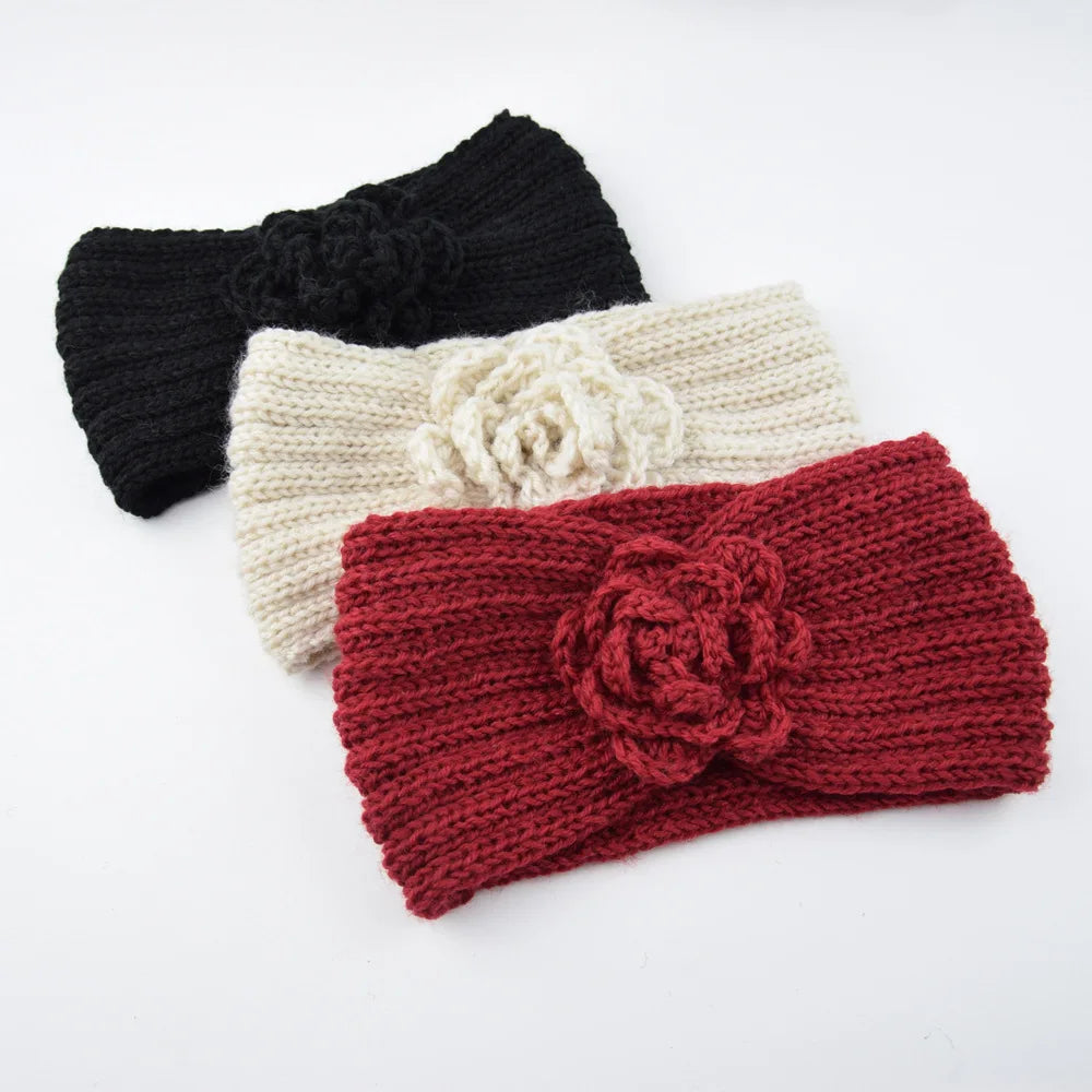 Women Rose Flower Knitted Headbands Women Autumn Winter Crochet Head Wrap wide Woolen Hairband Turban Bandana Hair Accessories - NamafadStore