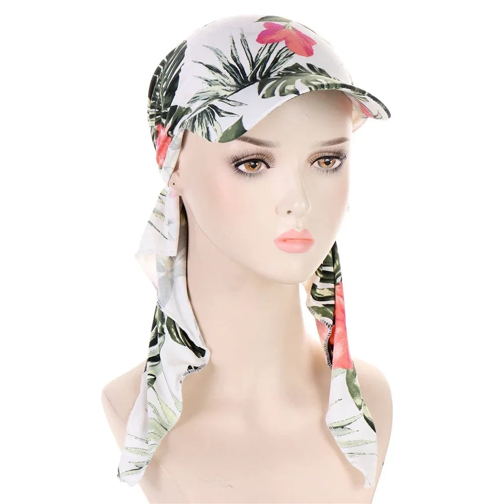Fashion Muslim Floral Print Hijab Turban Hat for Women Visor Baseball Cap Sun Hats Headscarf Scarf Brim Femme Scarves Bandanas