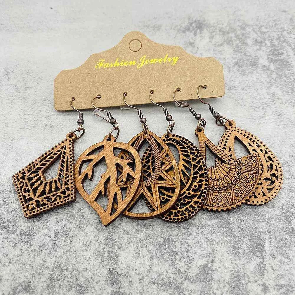 Vintage Hollowed Out Wooden Earrings Fashionable  Bohemian Style Creative Geometric Earrings Set for Women's Daily Wear
