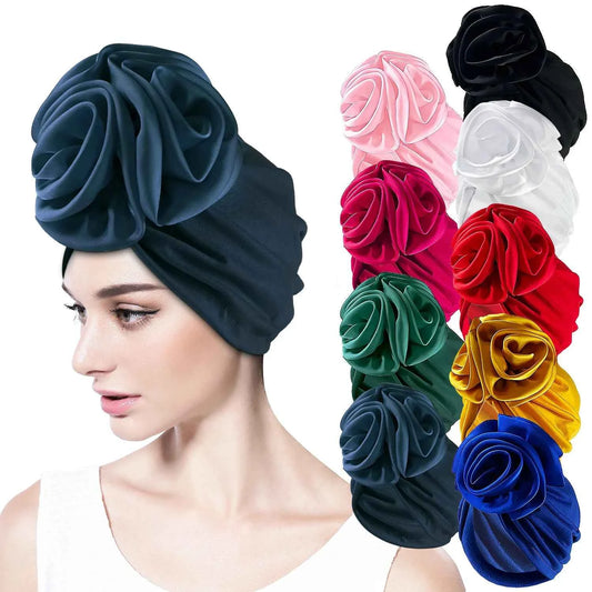 2024 New Flower Decoration Turban Solid Color For Women Party Turban Headwear Cap Hair Accessories Ladies Cancer Hats India Cap - NamafadStore
