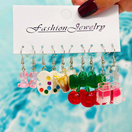 Small Fresh Candy colored Earrings Drawing Board Acrylic Colorful Little Bear Cherry Earnail Eardrop Set