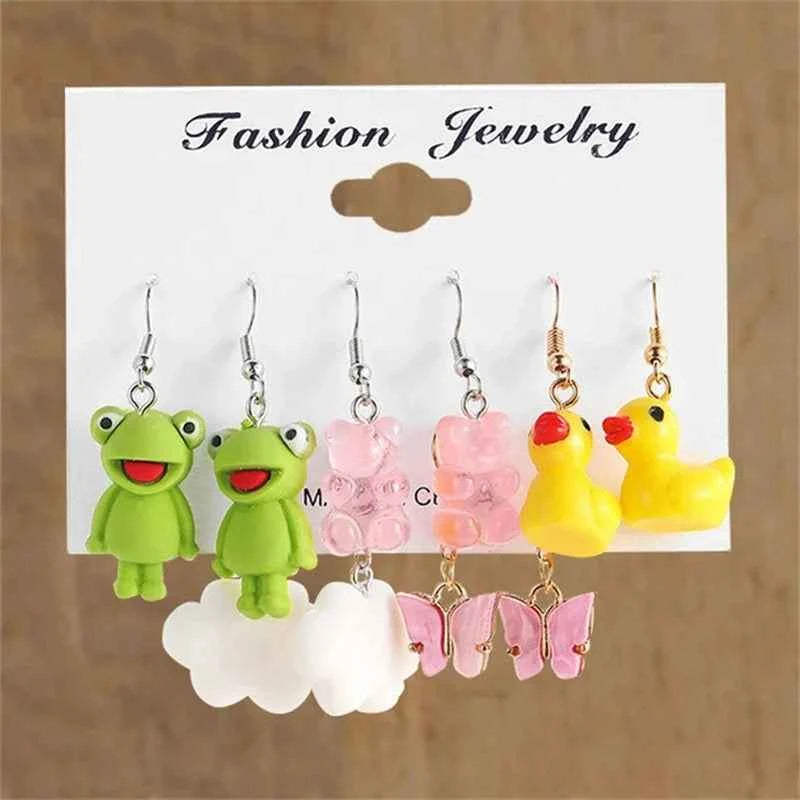 Colorful Butterfly Heart Cartoon Dangle Earrings Set For Women Girl Kids Cute Duck Clouds Resin Drop Earring Jewelry Accessories