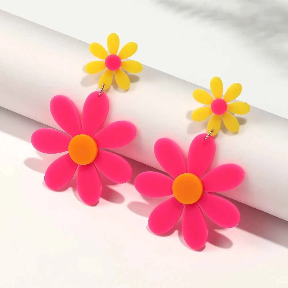 Boho Colorful Acrylic Sunflower Long Earrings for Women Korean Trendy Big Daisy Flower Drop Earring Cute Jewelry Birthday Gifts