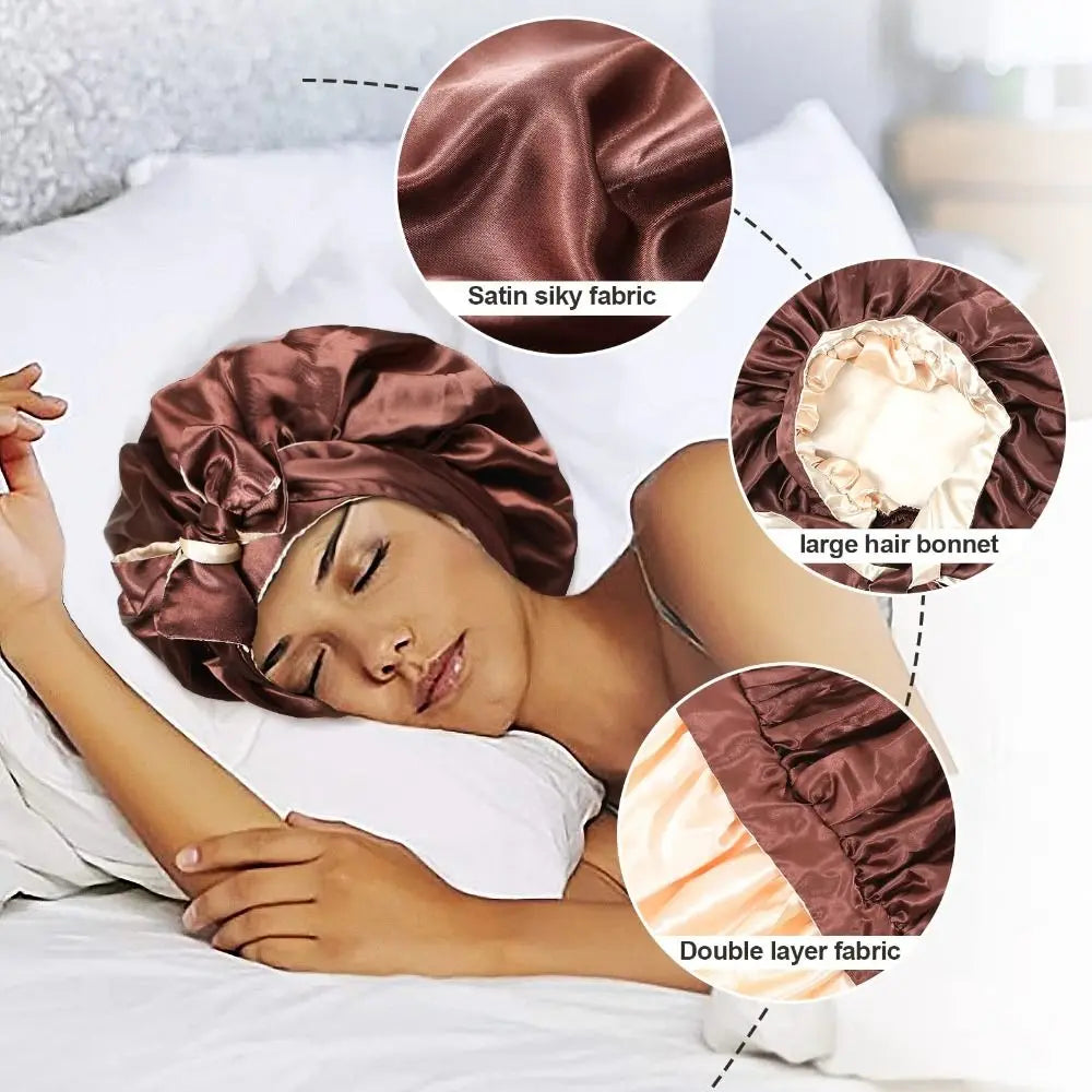 Double-layer Satin Sleep Cap Soft Stretchy Tie Band Adjustable Silk Hair Wrap Curly Hair Elastic Silky Satin Bonnet Sleeping