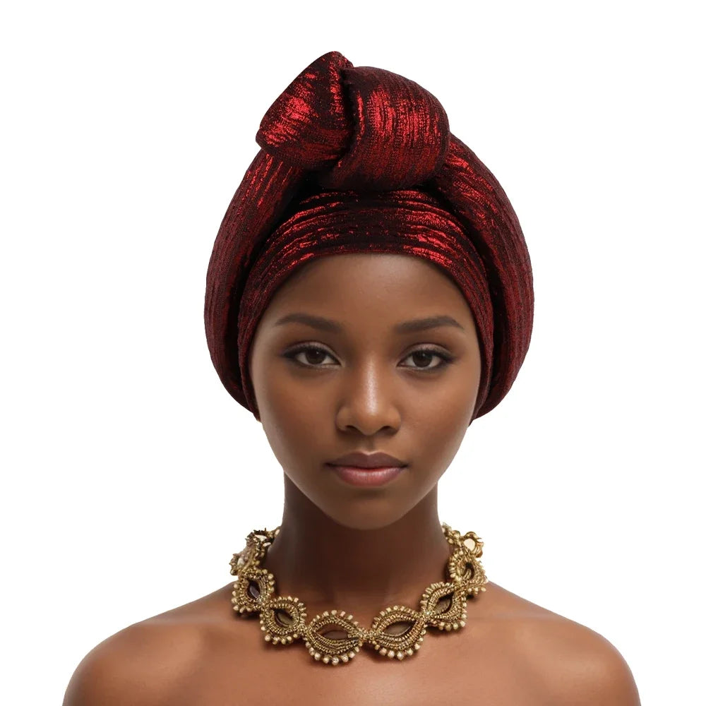 Glitter Fabric African Auto Gele Headtie Nigeria Party Headwear Turbante Mujer Knoted Turban Cap Women's Head Wraps - NamafadStore