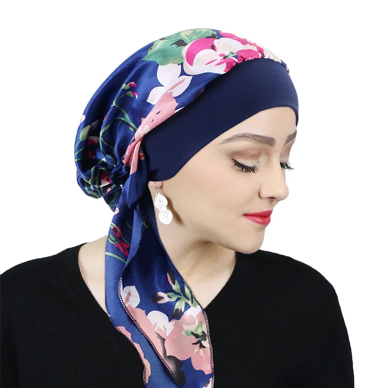 Printed Pre-tie Headscarf Women Elastic Muslim Female Turban Cancer Chemo Hat Hair Loss Cover Head Wrap Headwear Stretch Bandana - NamafadStore
