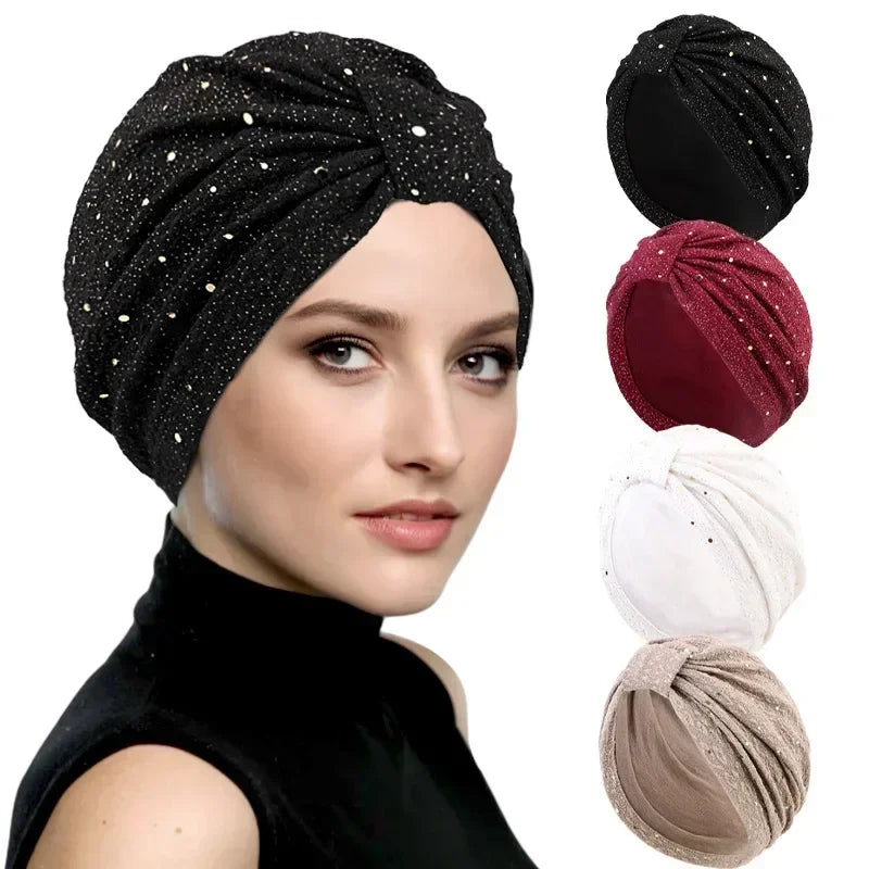 Women Sequin Knotted Turban Indian Hat Muslim Hijab Beanie Bonnet Hair Loss Headscarf Chemo Cap Headwear Bandanas Turbante Mujer - NamafadStore