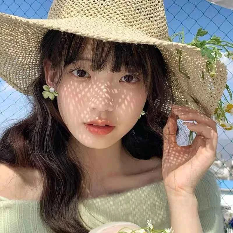 Trendy  Gardenia Pearl Stud Earrings for Women New Design White Green Leaf Flowers Sweet Earrings Fashion Jewelry Wholesale