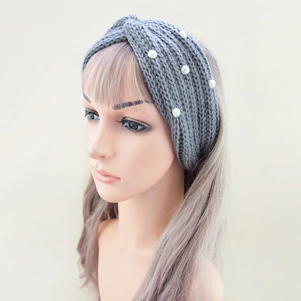 Fashion Pearls Knitted Headband Women Cross Knotted Hair Bands Autumn Winter Ear Warmer Protectors Wide Turban Hair Accessories - NamafadStore
