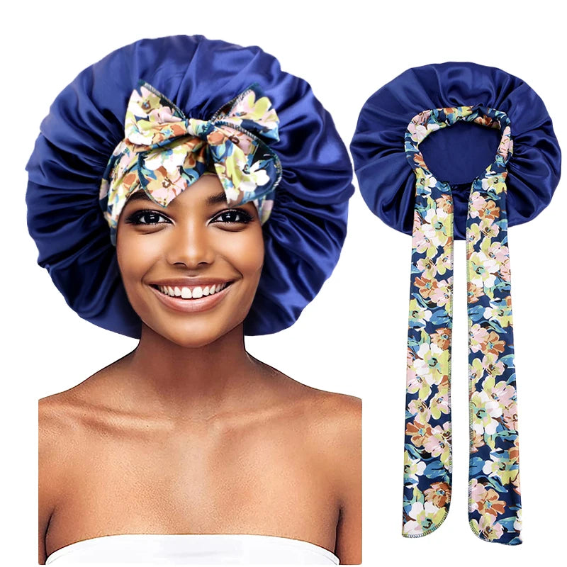 Women's Lace-up Satin Bonnet With Wide Stretch Ties Band Long Tail Bonnet Satin Cheveux Nuit Silky Sleeping Night Cap Bonnets - NamafadStore