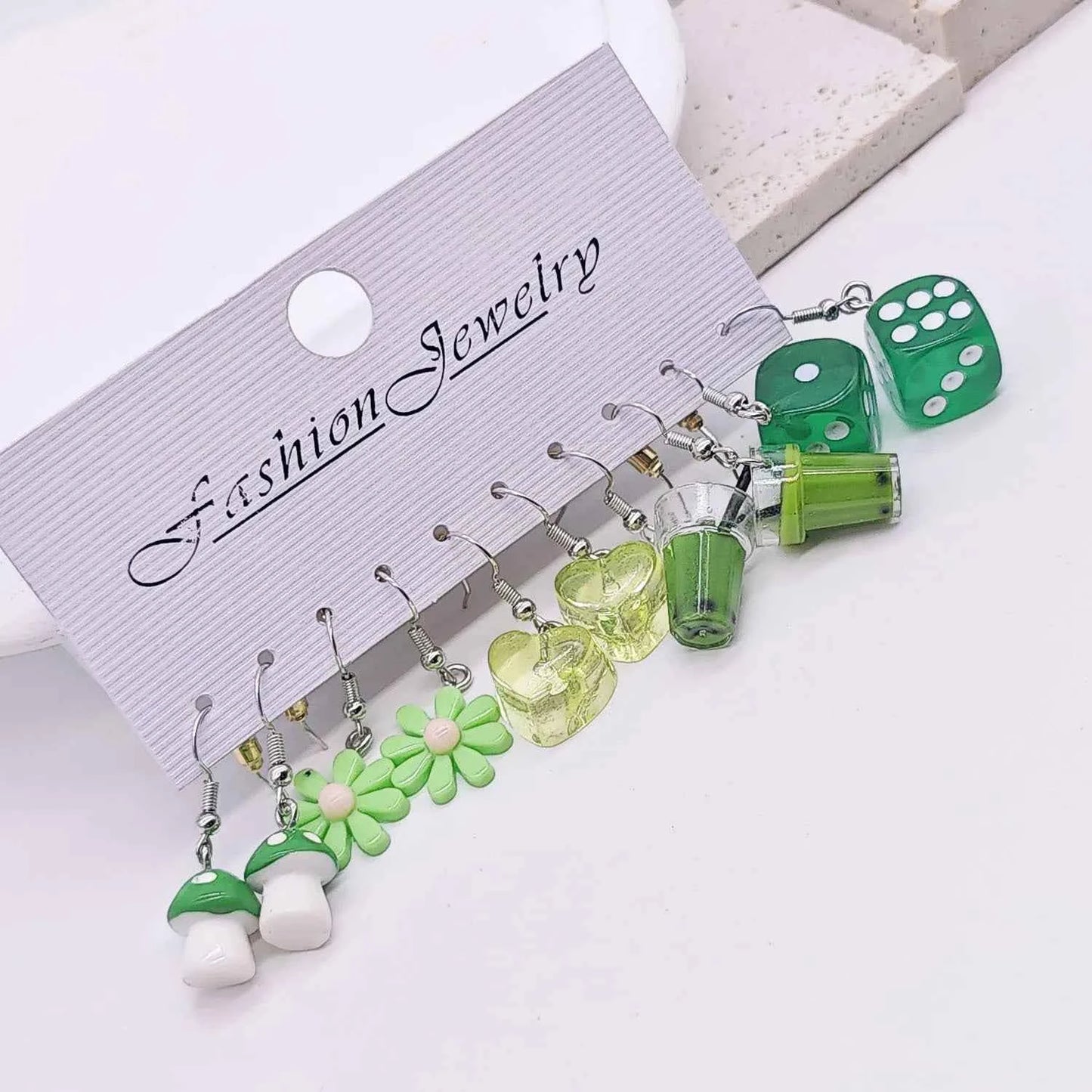 Cross border Fashion Sweet Cartoon Flower Ice Block Resin Simulation Food Milk Tea Green Earrings Earrings Earrings Set