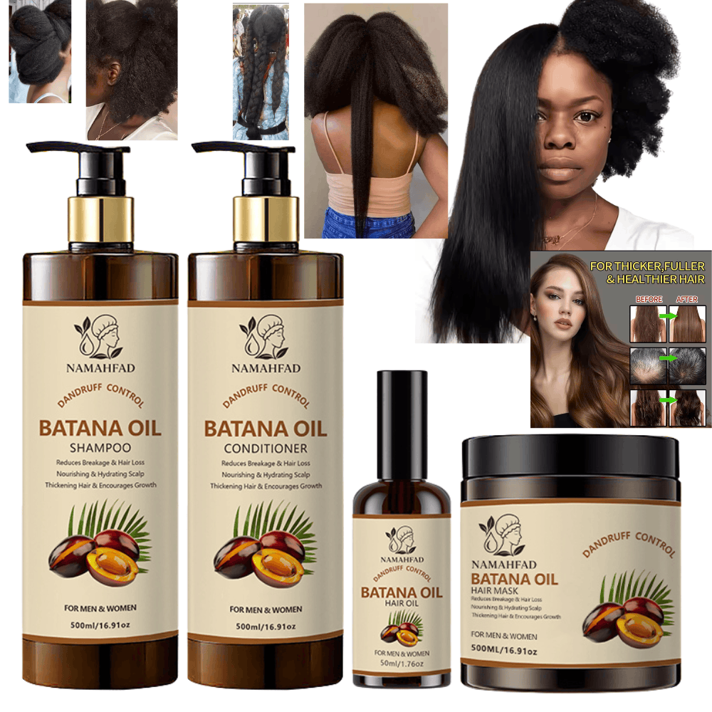 Batana Oil Haircare Set with multiple hair transformation examples