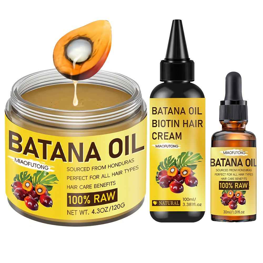 3pcs of Honduran Batana Hair Oil + Batana Essential Oil + Batana Conditioner. Pure cold-pressed extracts with biotin nourish the scalp and hair, strengthen hair, prevent breakage and split ends, and enhance shine. Suitable fo