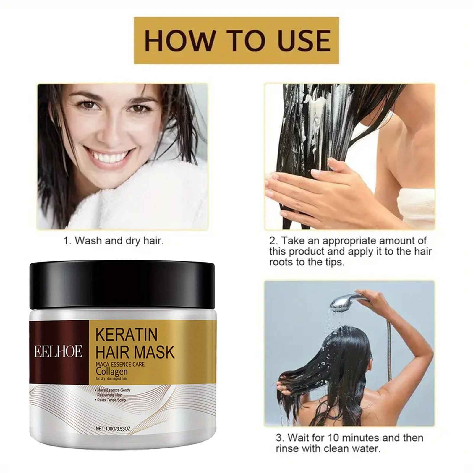6pcs EELHOE Keratin Hair Mask with Maca Essence & Soluble Collagen - Hydrating Care for Smooth, Strong & Shiny Hair, Infused with Argan Oil, Coconut Oil & Hydrolyzed Keratin, Suitable for Dry & Normal Hair, Knot-Free & Frizz-