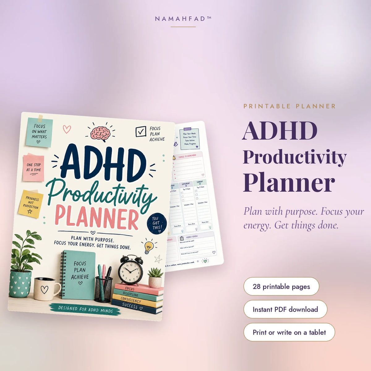 ADHD Productivity Planner: Printable Daily, Weekly & Focus Tracker Pages (28 Pages)