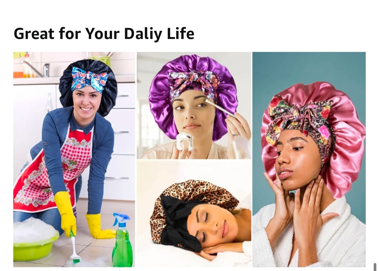 Printed Satin Satin Ladies Enlarged Sleeping Hat Breathable Ladies Sleeping Hat Fixed Adjustable Elastic Shower Cap Bonnet Casual Comfortable Hair Care Bonnet, Soft Sleeping Bonnet for Women & Girls