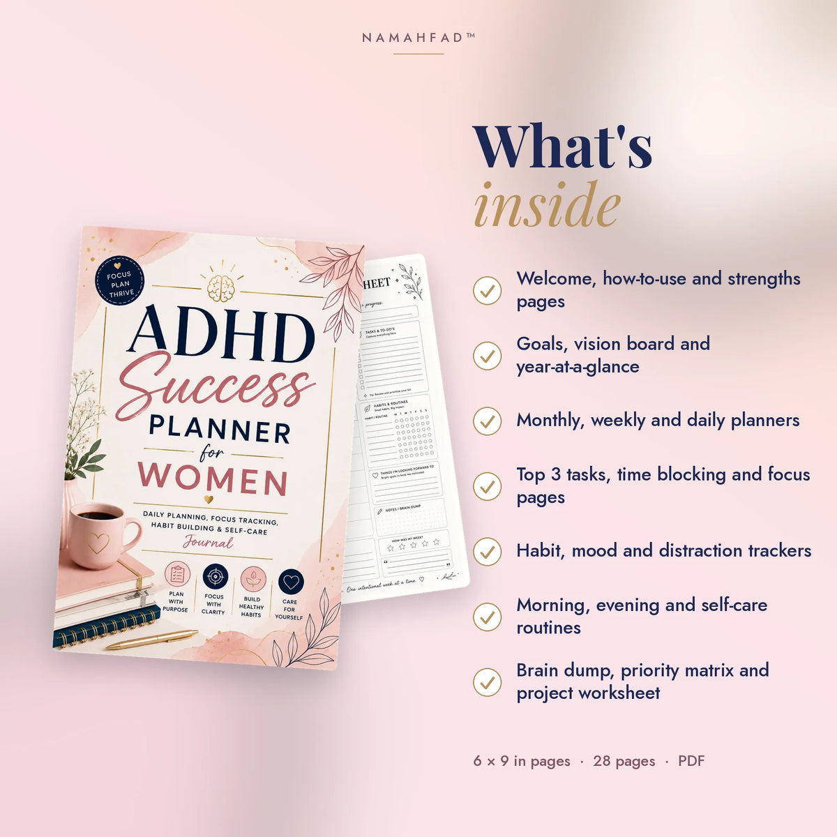 ADHD Success Planner for Women: Printable Daily Planner, Habit Tracker & Self-Care Journal (28 Pages)