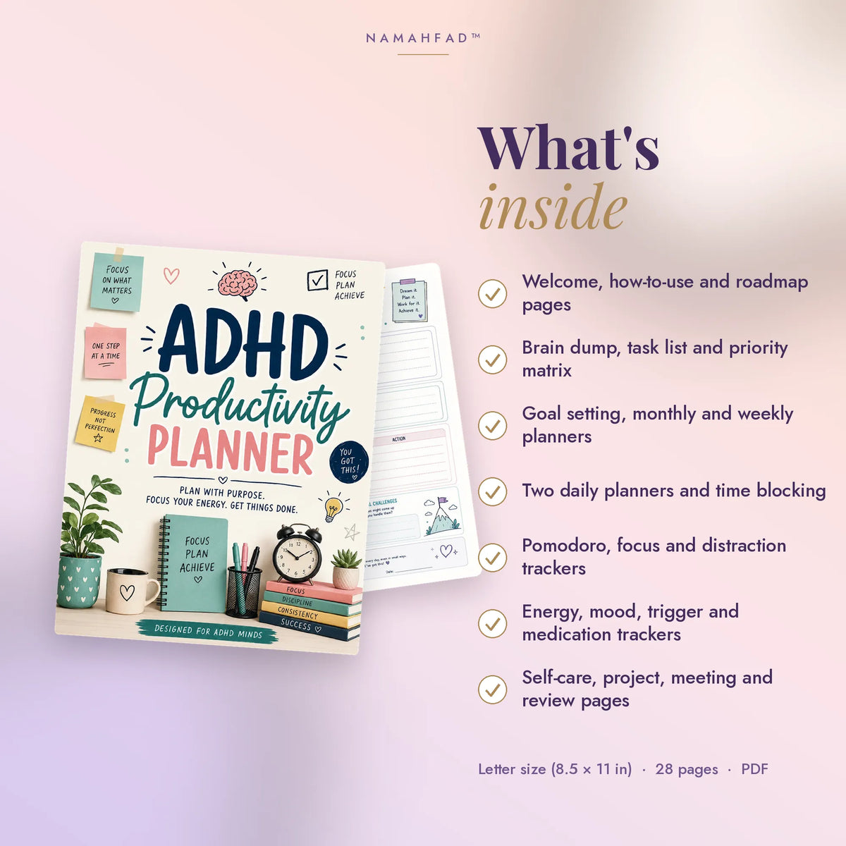 ADHD Productivity Planner: Printable Daily, Weekly & Focus Tracker Pages (28 Pages)