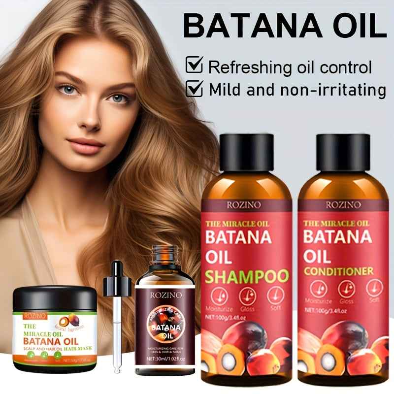 [Natural Batana Hair Care] Four Piece Batana Hair Care Set - Rich in Natural Batana Oil, Deep Cleansing, Gentle and Non Irritating, Making Hair Long-Lasting, Fragrant, Fluffy, Smooth, Hydrated, and More Shiny, Light and Easy
