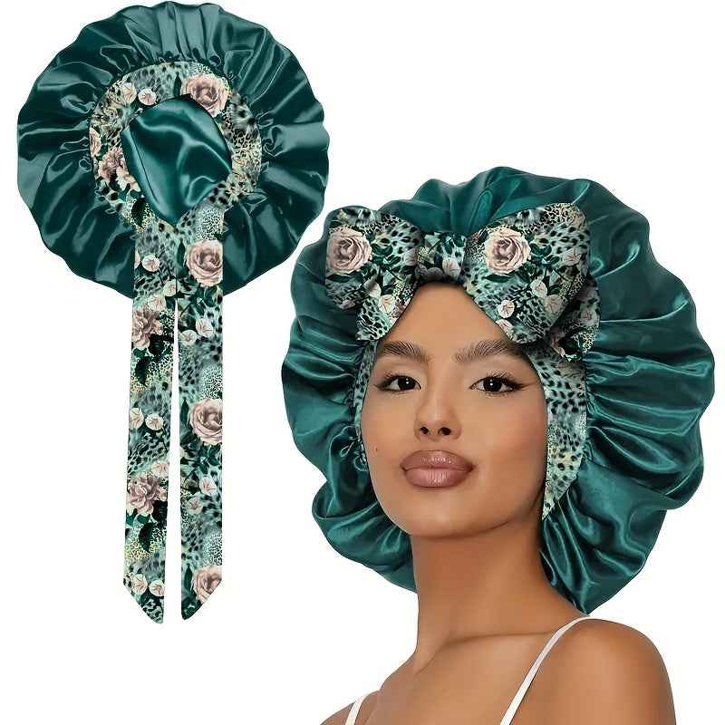 [Bohemian Bonnet] 1pc Soft Polyester Bohemian Style Adjustable Satin Bonnet | Long Ribbons, Sleep Cap, Fashionable Hair Care Bath Hat | No Fragrance