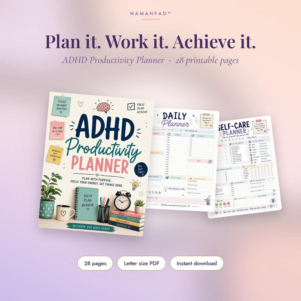 ADHD Productivity Planner: Printable Daily, Weekly & Focus Tracker Pages (28 Pages)