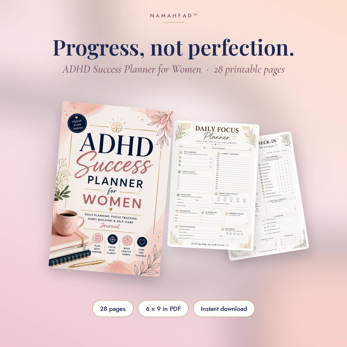 ADHD Success Planner for Women: Printable Daily Planner, Habit Tracker & Self-Care Journal (28 Pages)