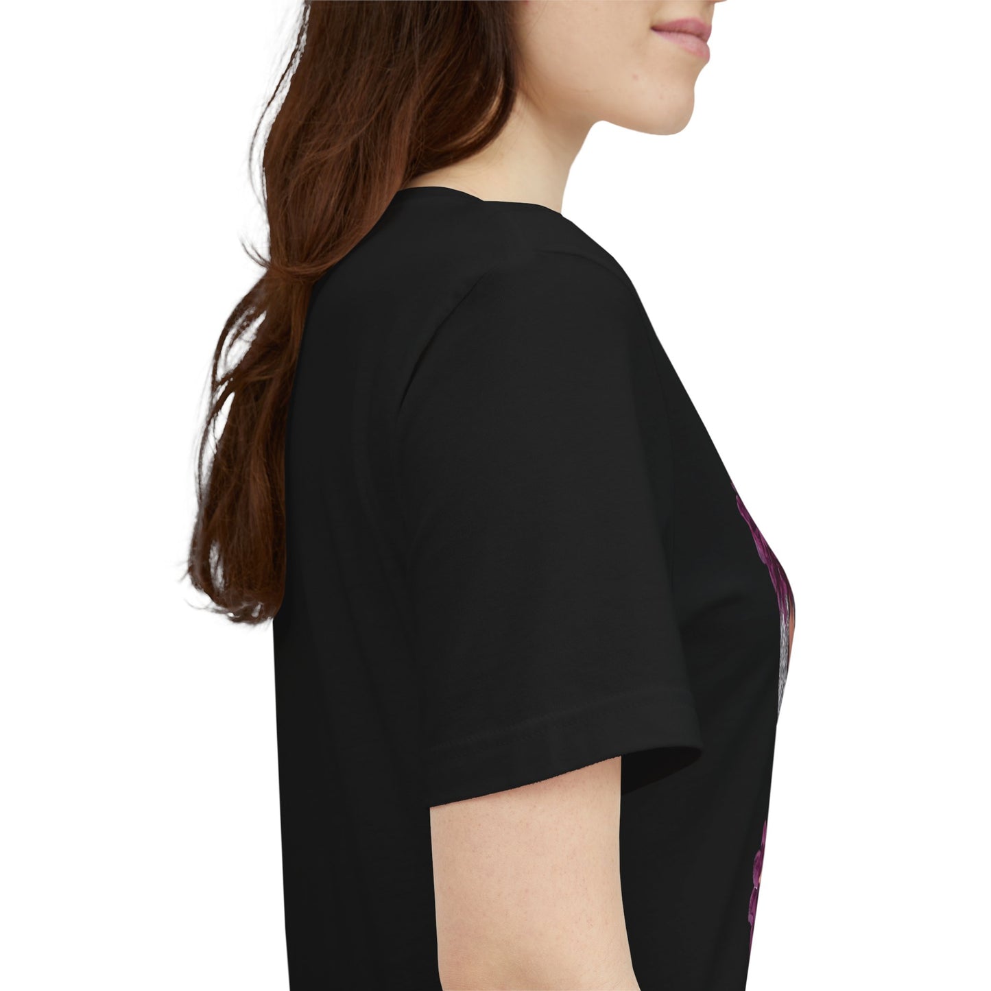 Floral Crown Fashion Tee — Glam Portrait Shirt with Purple Bloom Design