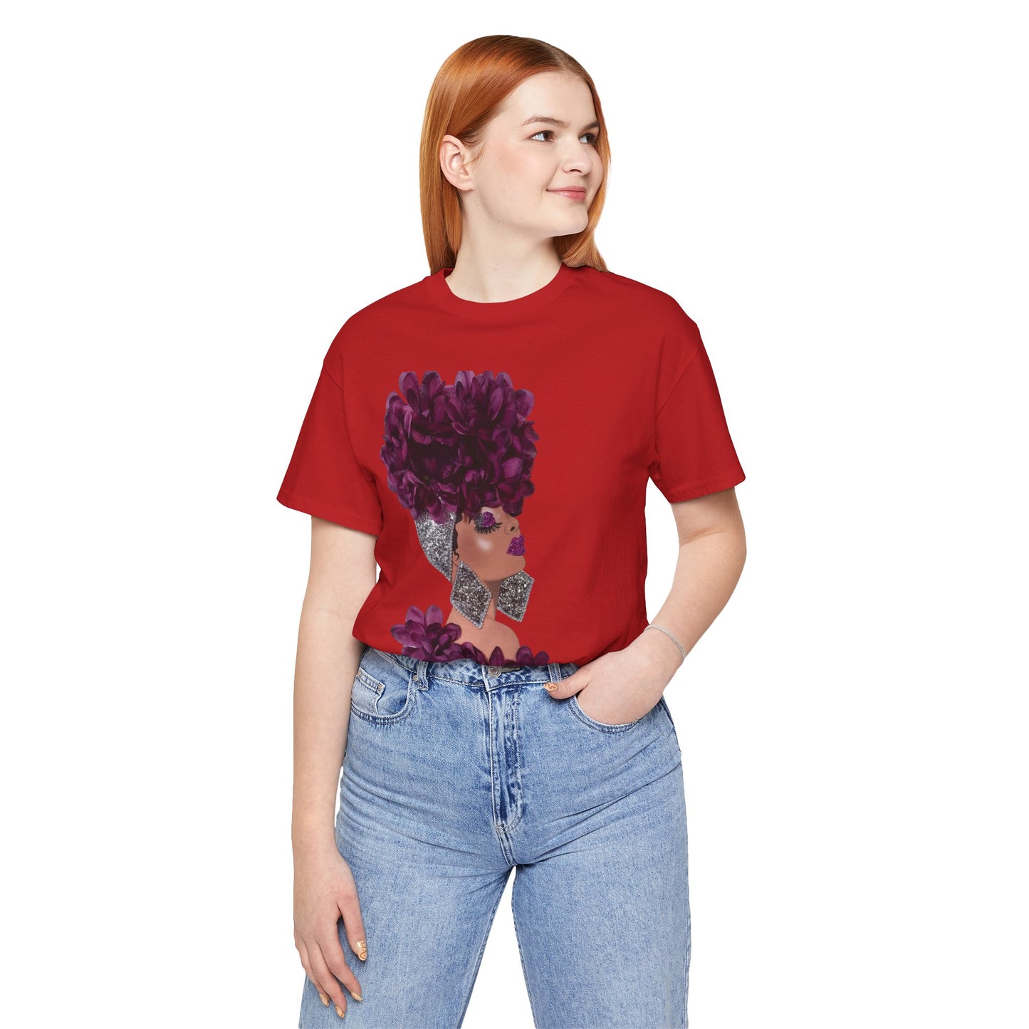 Floral Crown Fashion Tee — Glam Portrait Shirt with Purple Bloom Design