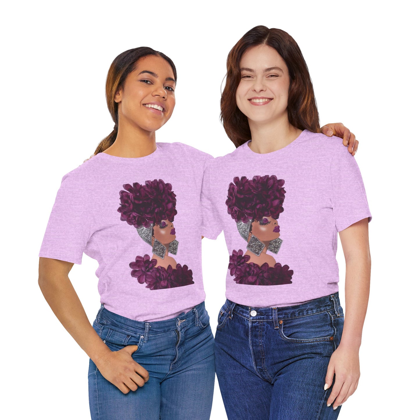 Floral Crown Fashion Tee — Glam Portrait Shirt with Purple Bloom Design