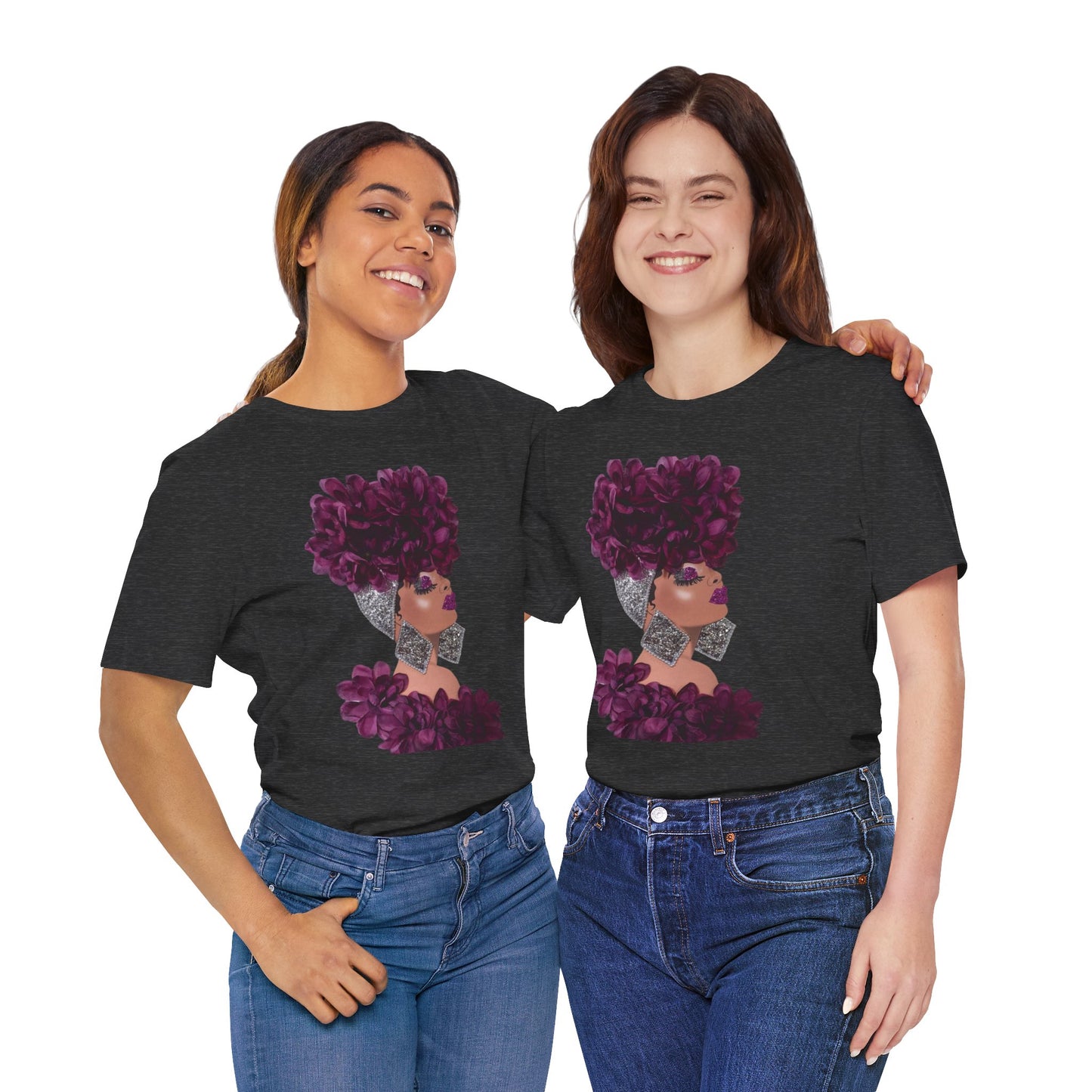 Floral Crown Fashion Tee — Glam Portrait Shirt with Purple Bloom Design