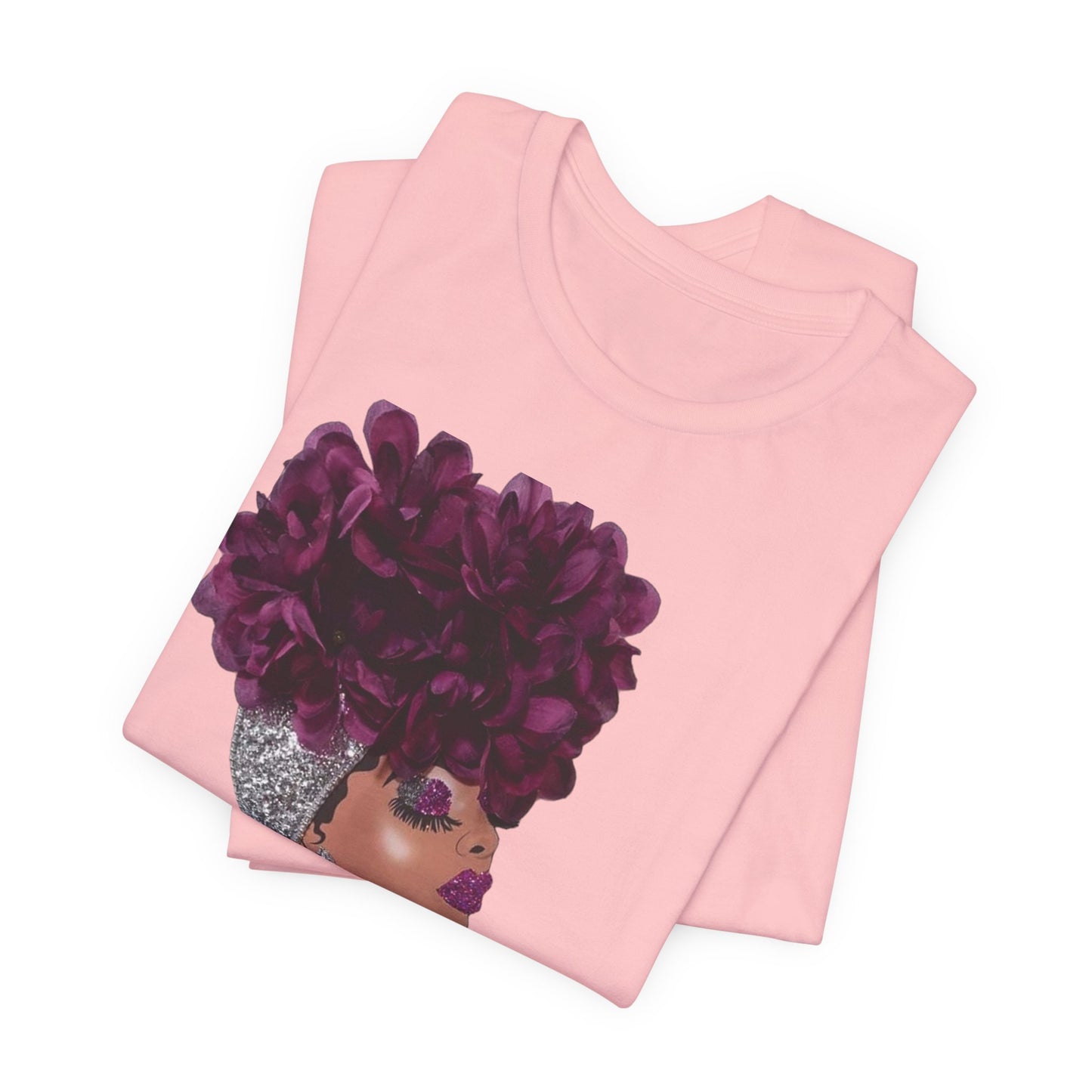 Floral Crown Fashion Tee — Glam Portrait Shirt with Purple Bloom Design