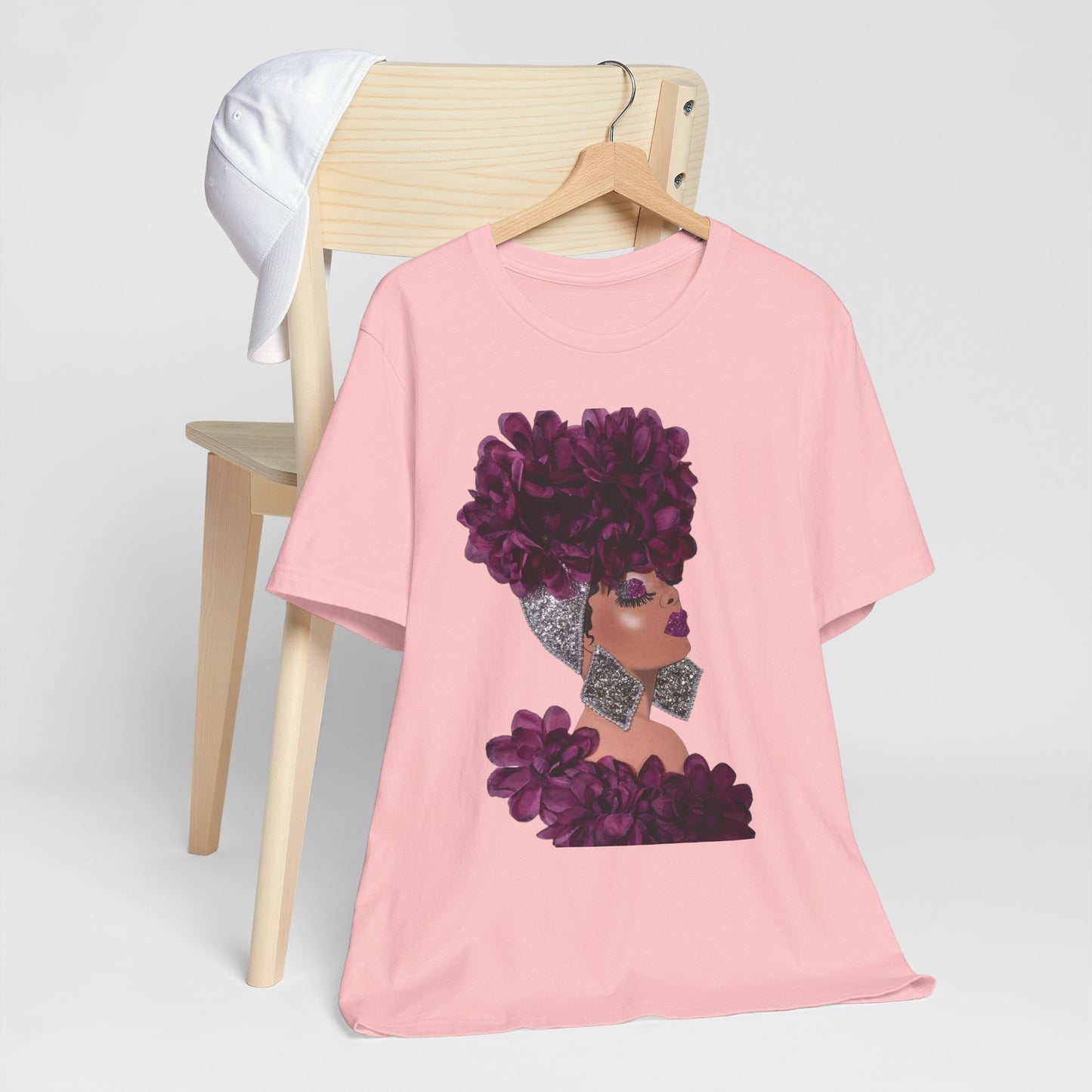 Floral Crown Fashion Tee — Glam Portrait Shirt with Purple Bloom Design