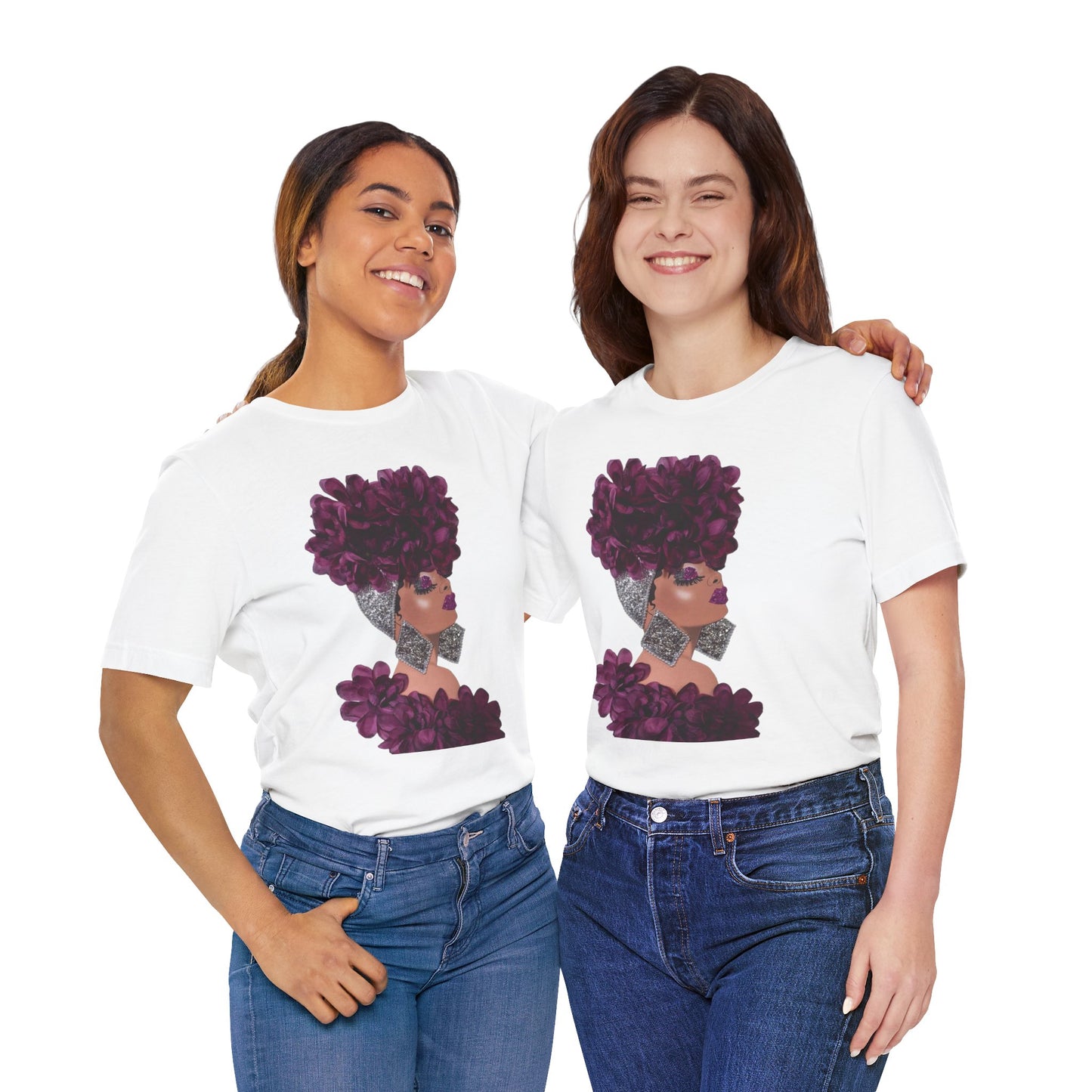 Floral Crown Fashion Tee — Glam Portrait Shirt with Purple Bloom Design