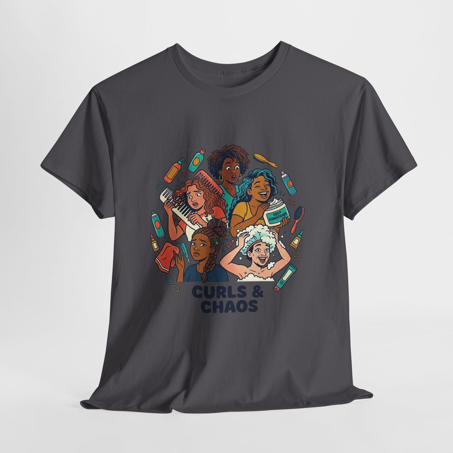 Curls & Chaos T-Shirt — Diverse Natural Hair Graphic Tee for Curly Hair Lovers