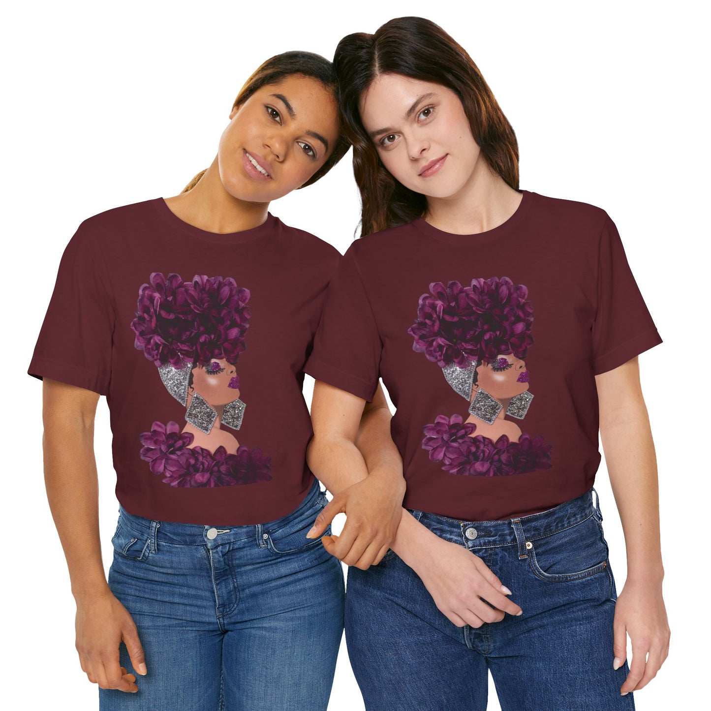 Floral Crown Fashion Tee — Glam Portrait Shirt with Purple Bloom Design
