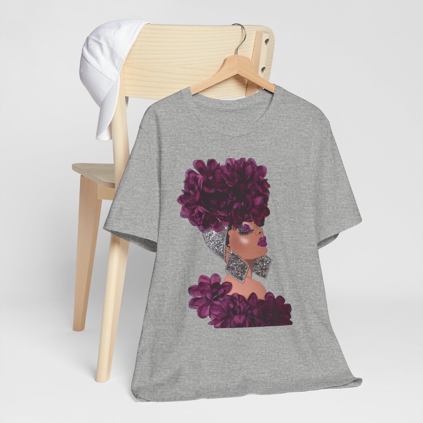 Floral Crown Fashion Tee — Glam Portrait Shirt with Purple Bloom Design