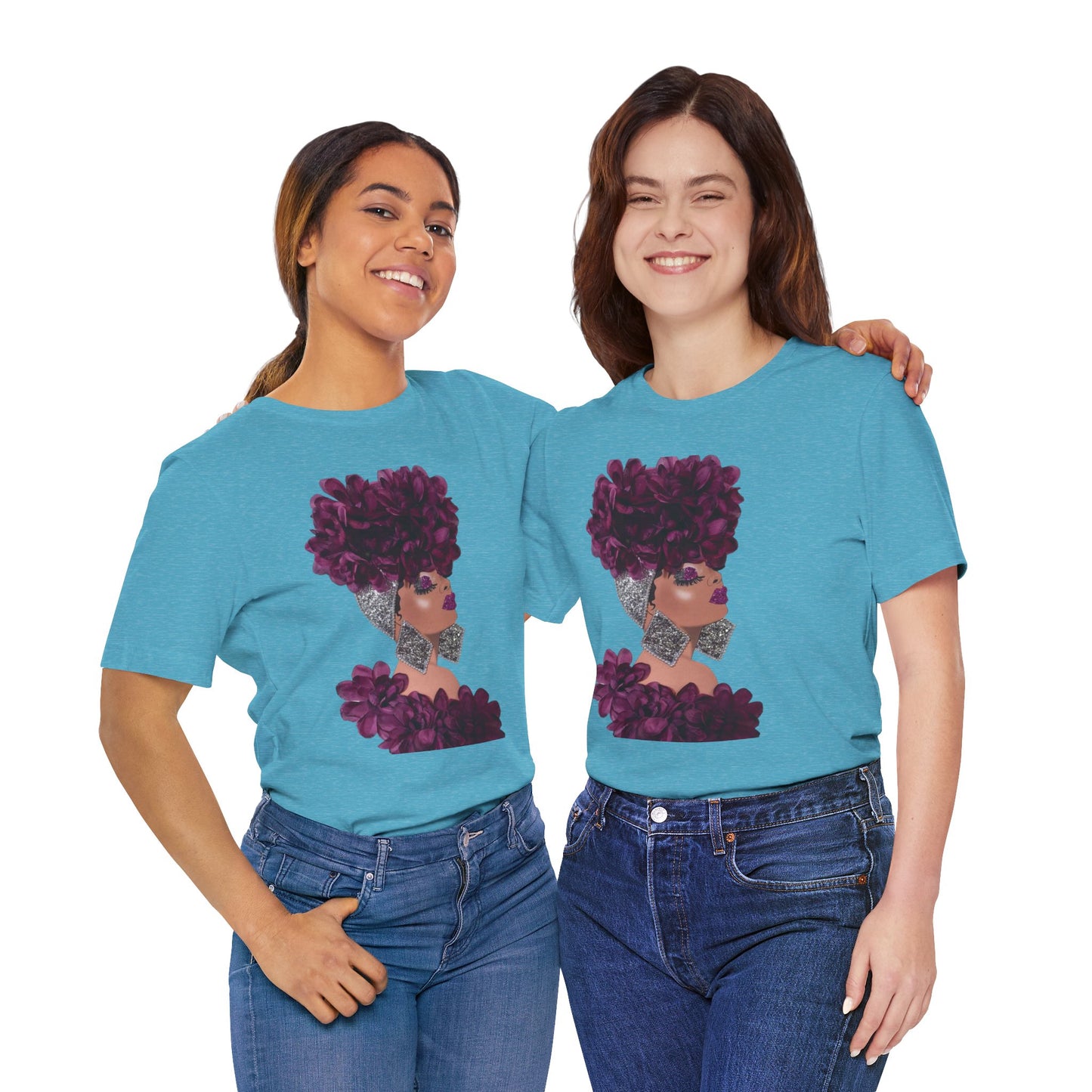 Floral Crown Fashion Tee — Glam Portrait Shirt with Purple Bloom Design