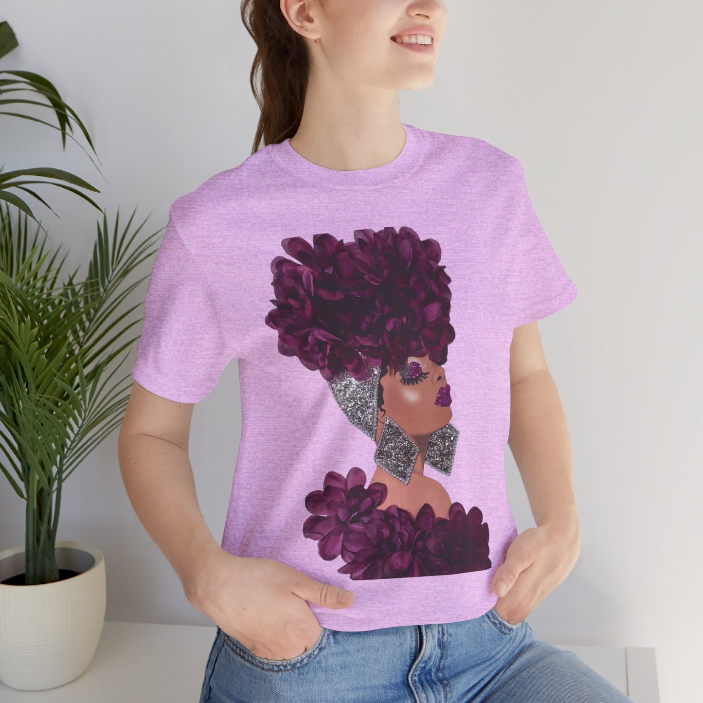 Floral Crown Fashion Tee — Glam Portrait Shirt with Purple Bloom Design