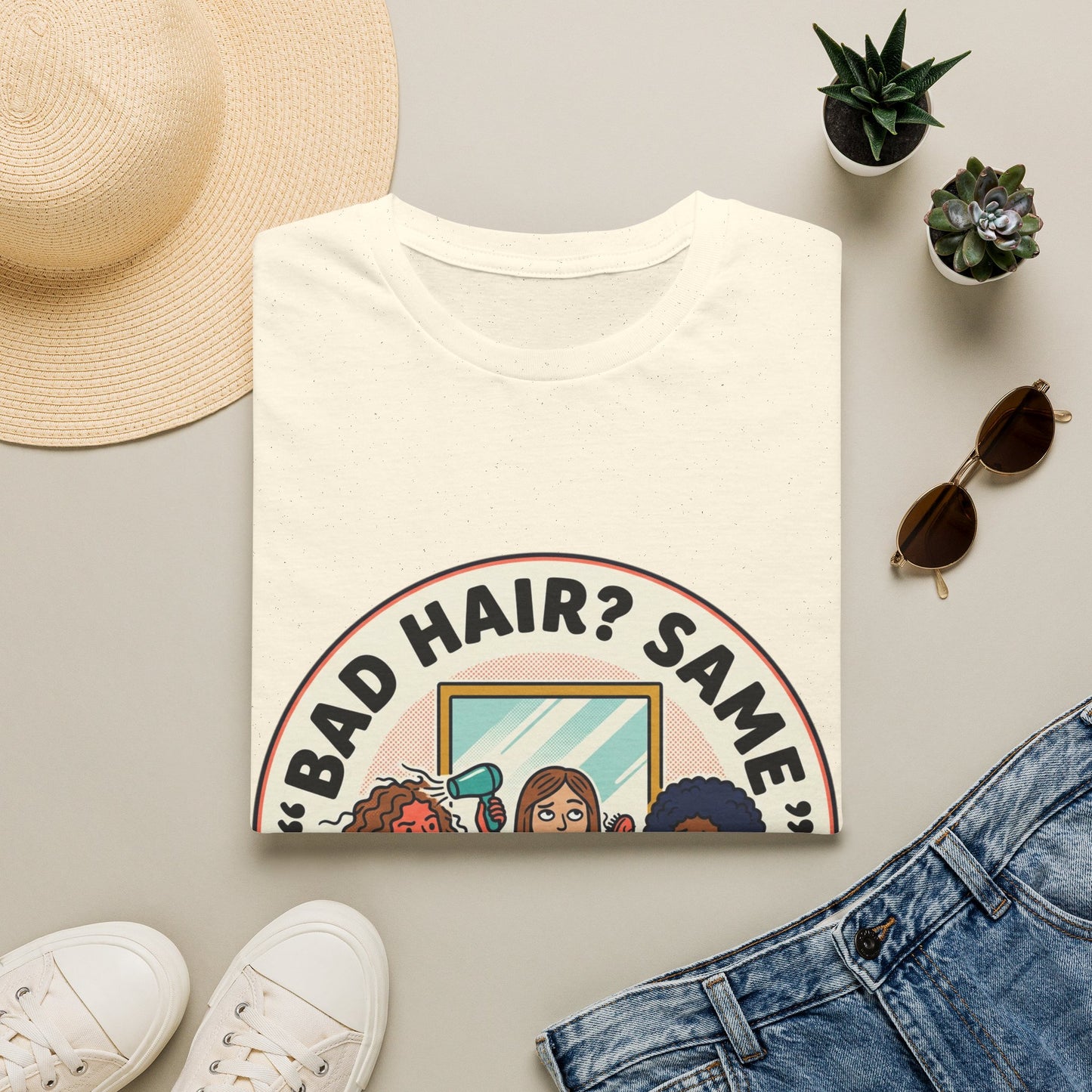 T-Shirt — "Bad Hair? Same. Every. Single. Morning." Graphic Tee for Women