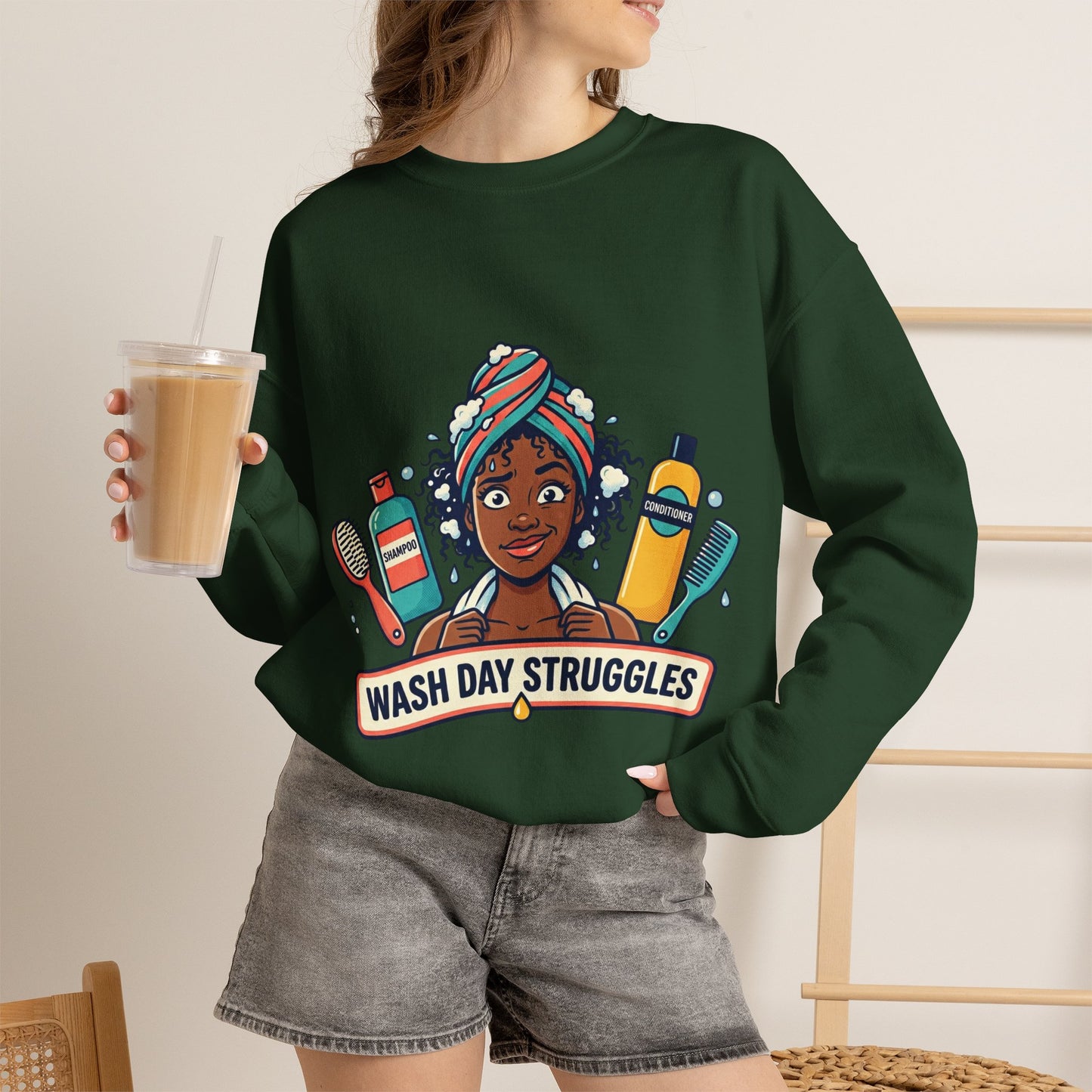 Wash Day Struggles Sweatshirt — Funny Natural Hair Care Crewneck