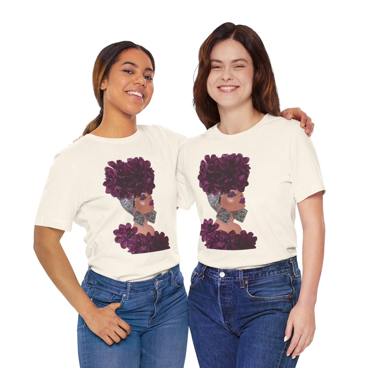 Floral Crown Fashion Tee — Glam Portrait Shirt with Purple Bloom Design