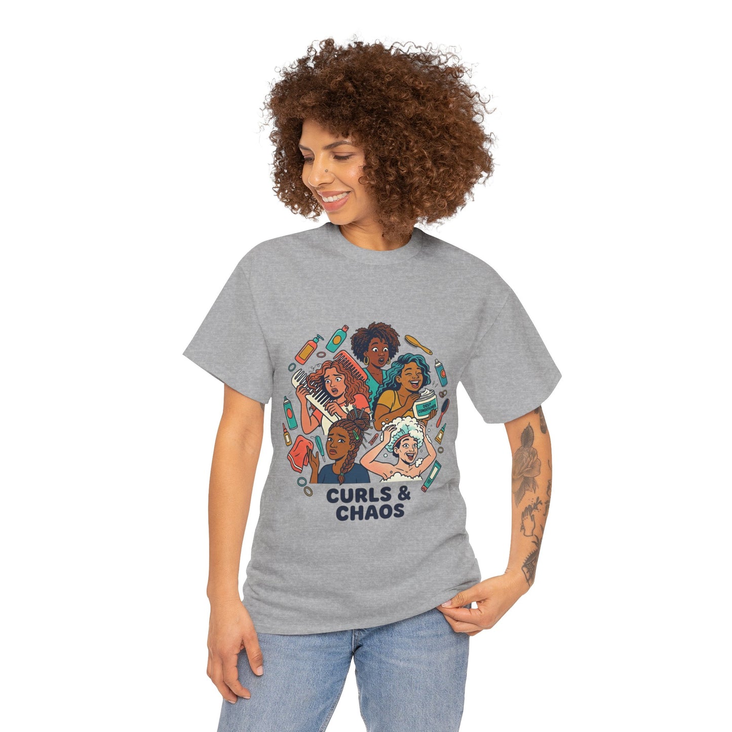 Curls & Chaos T-Shirt — Diverse Natural Hair Graphic Tee for Curly Hair Lovers