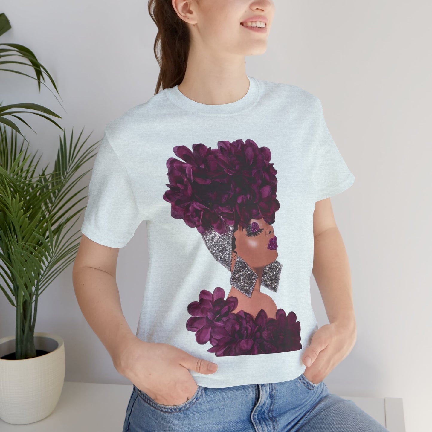 Floral Crown Fashion Tee — Glam Portrait Shirt with Purple Bloom Design