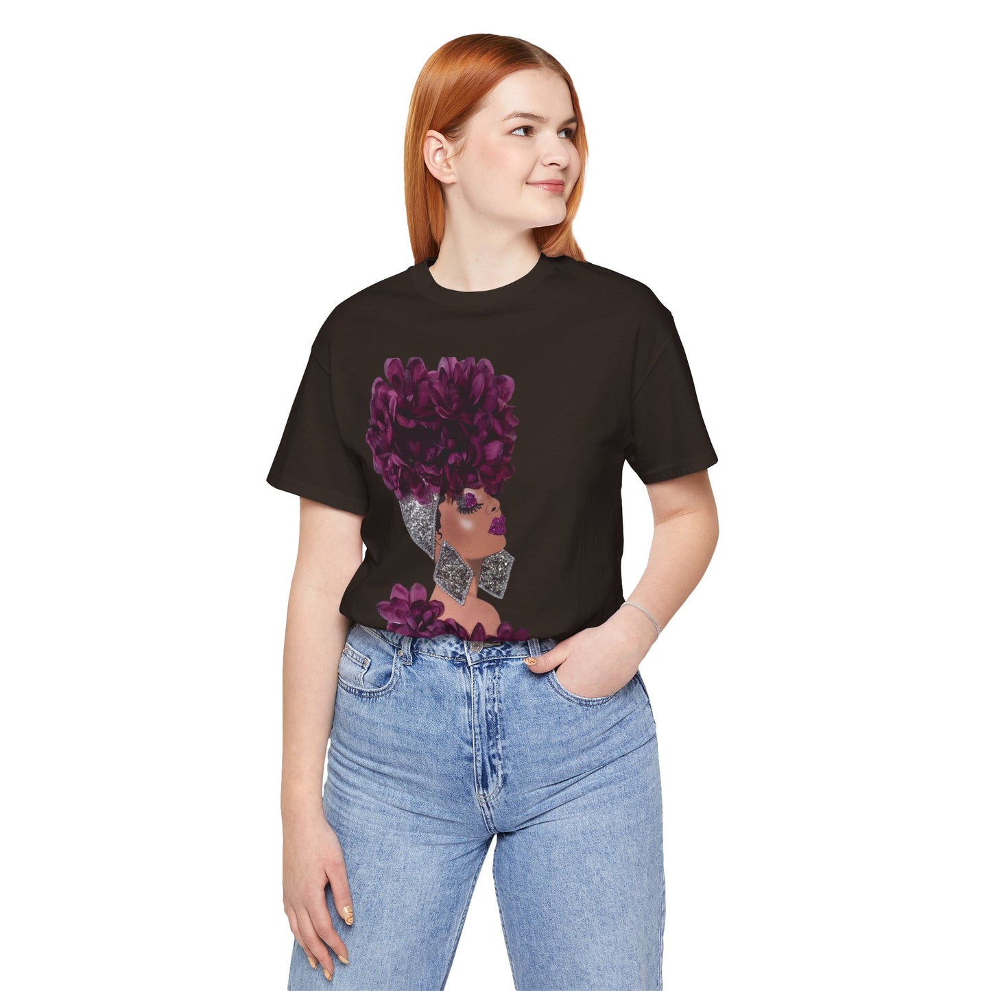 Floral Crown Fashion Tee — Glam Portrait Shirt with Purple Bloom Design